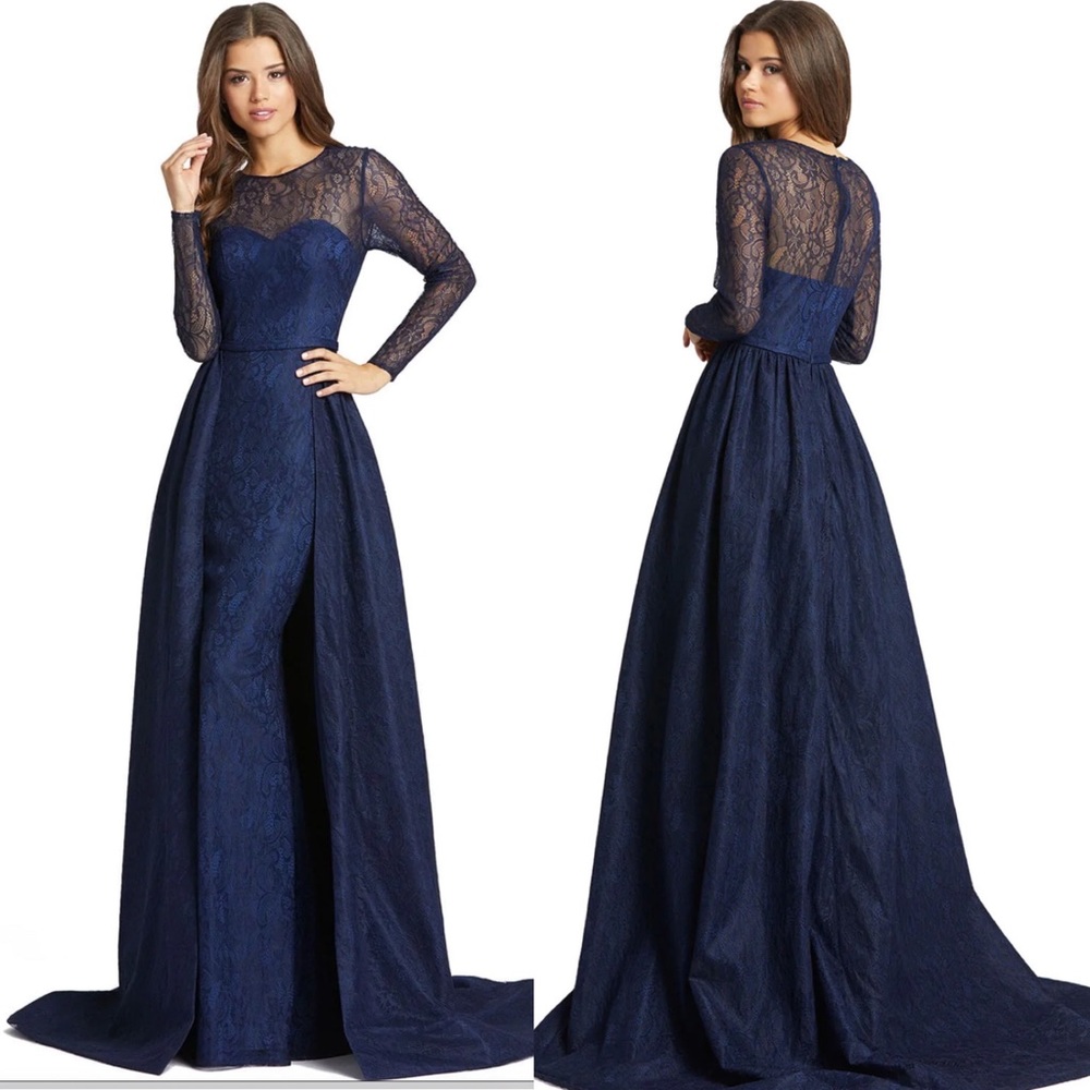 MAC DUGAL LONG SLEEVE LACE OVERSKIRT GOWN NAVY BLUE